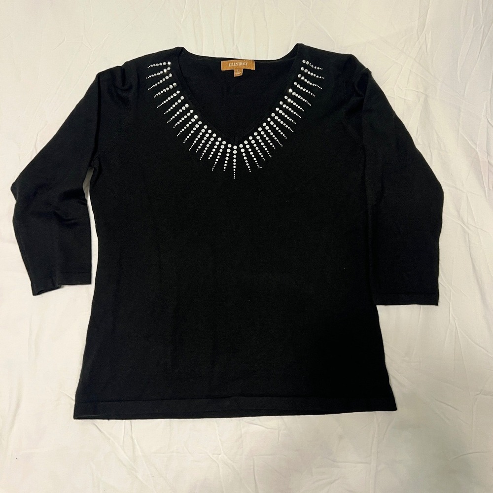 Ellen Tracy Black V-Neck Embellished Studded Wool Blend Sweater 3/4 Sleeve Large